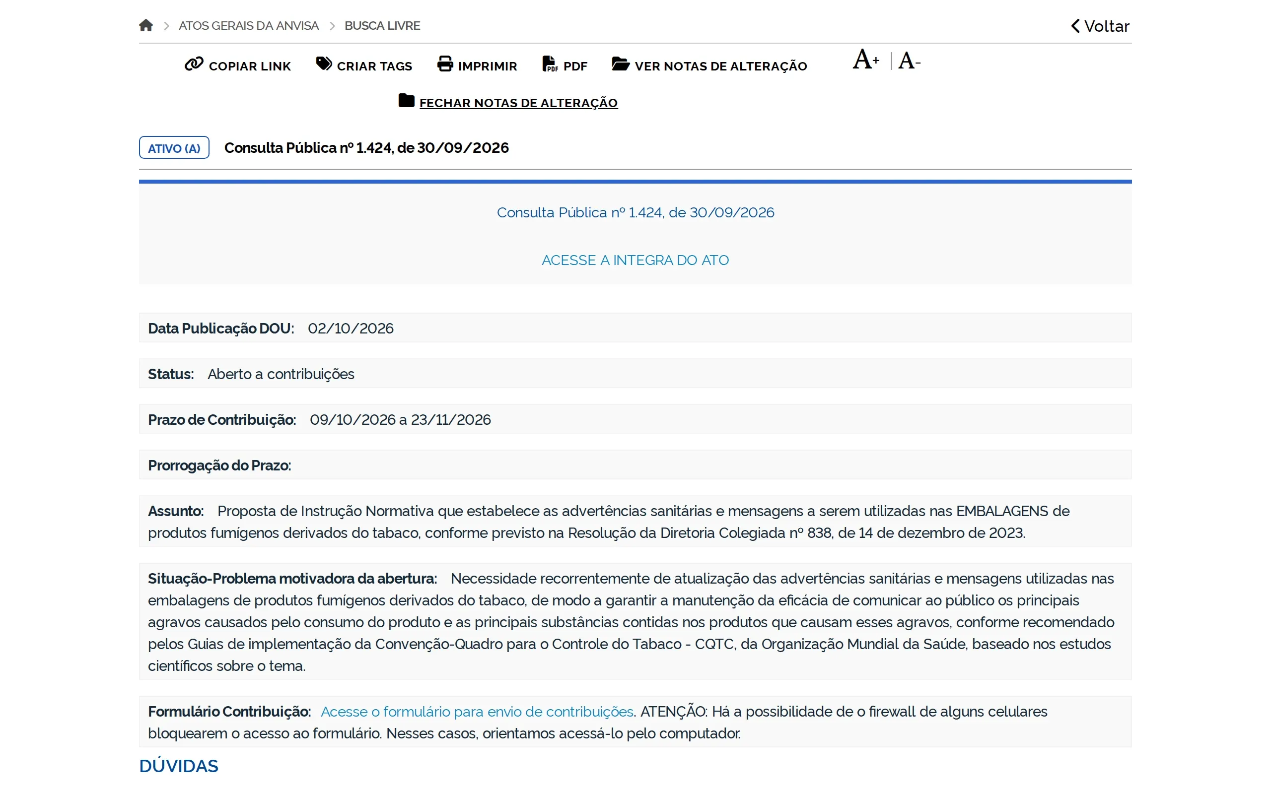 Agência Nacional de Vigilância Sanitária (Anvisa): Consulta Pública nº 1.424, de 30/09/2026, capturada em outubro de 2026