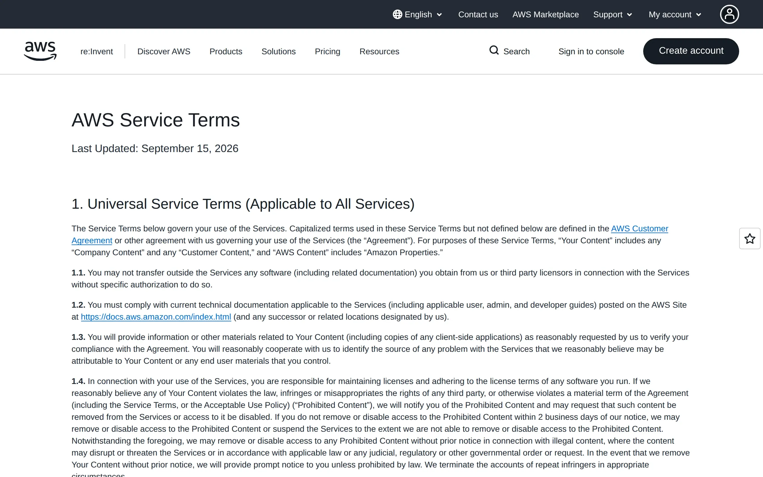 Amazon Web Services: AWS Service Terms, captured September 2026