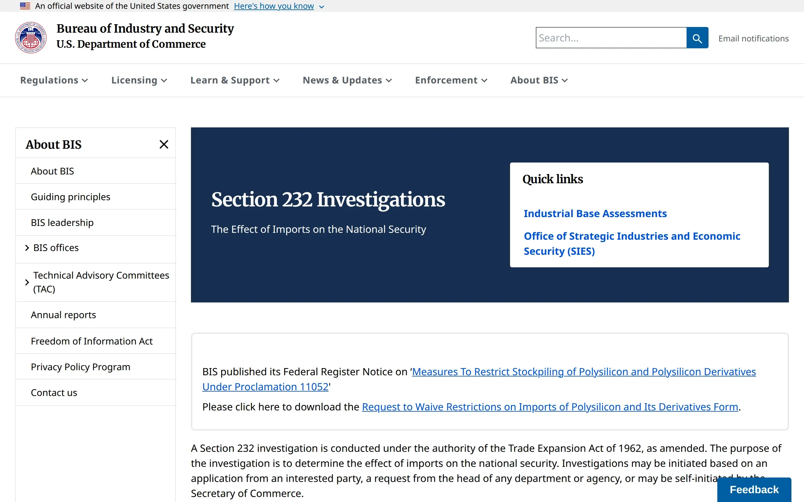 Bureau of Industry and Security: Section 232 Investigations, captured October 2026