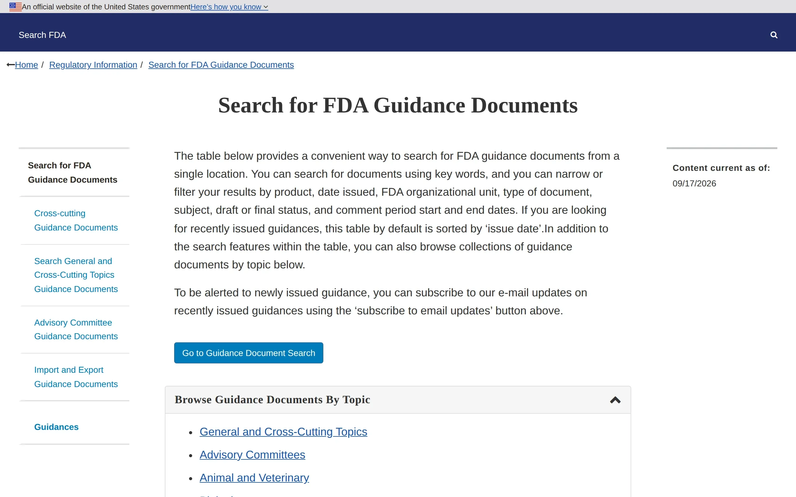 U.S. Food and Drug Administration: Search for FDA Guidance Documents, captured September 2026
