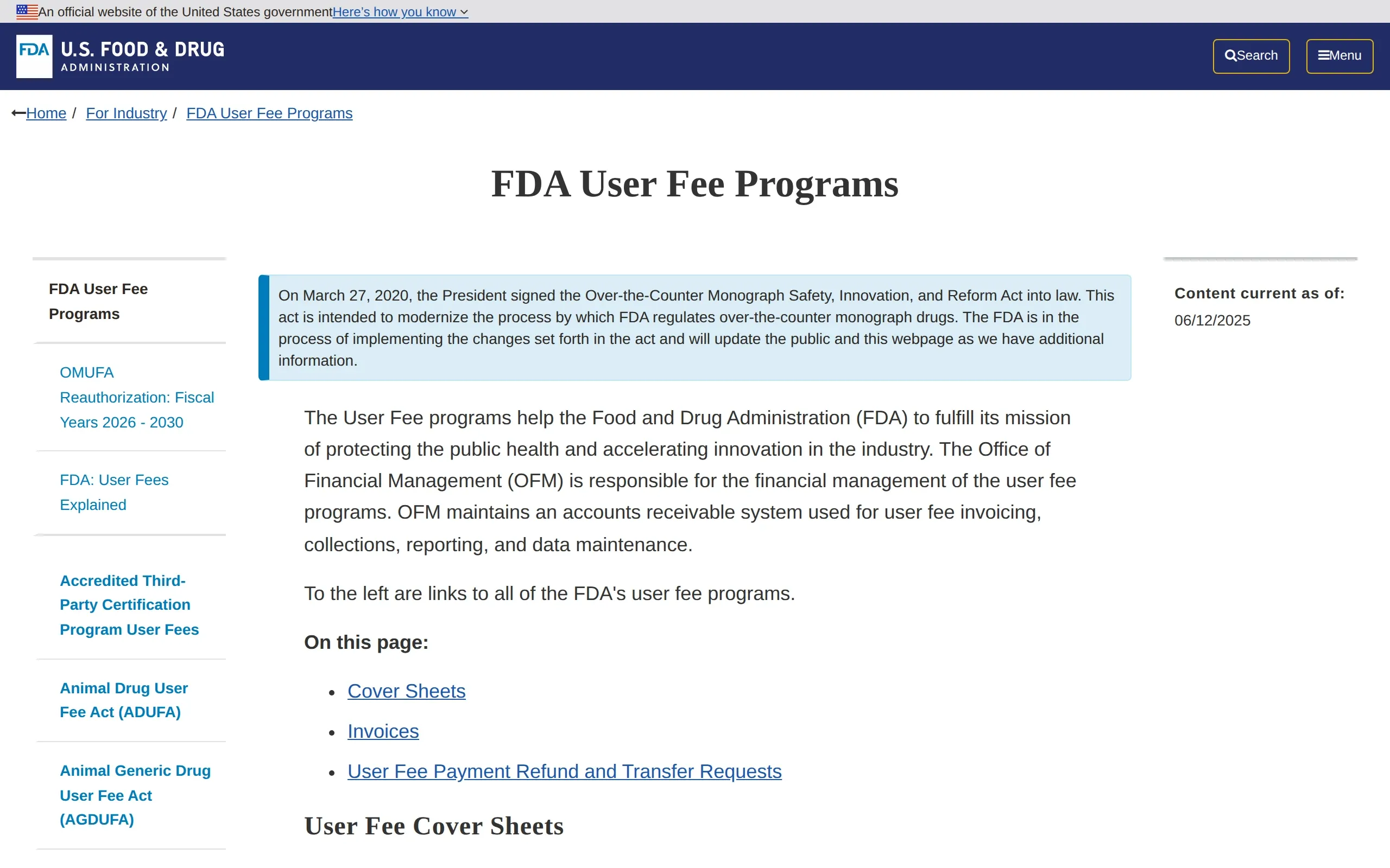 U.S. Food and Drug Administration: FDA User Fee Programs, captured September 2026