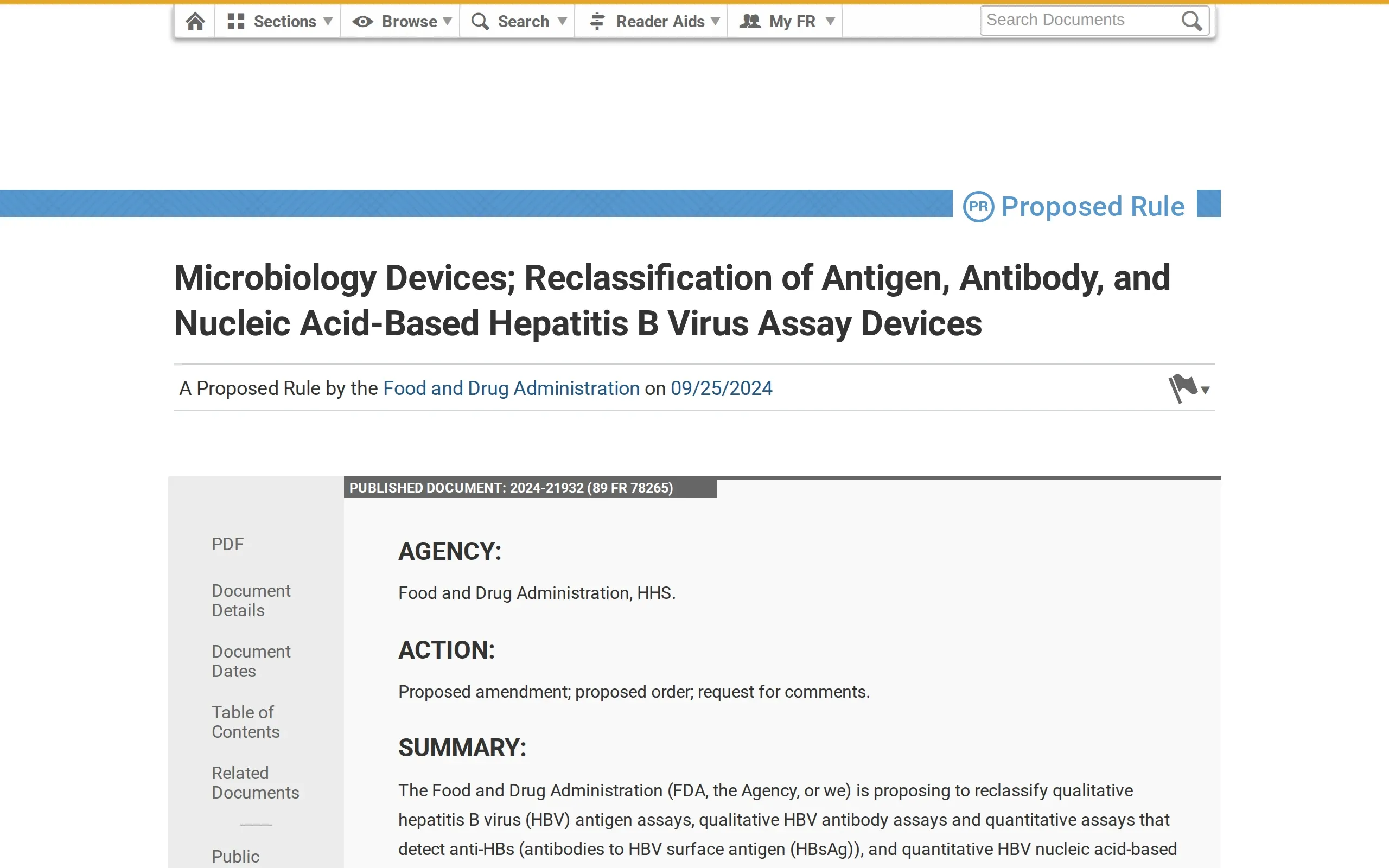 Office of the Federal Register: Microbiology Devices; Reclassification of Hepatitis B Virus Assays, captured September 2026