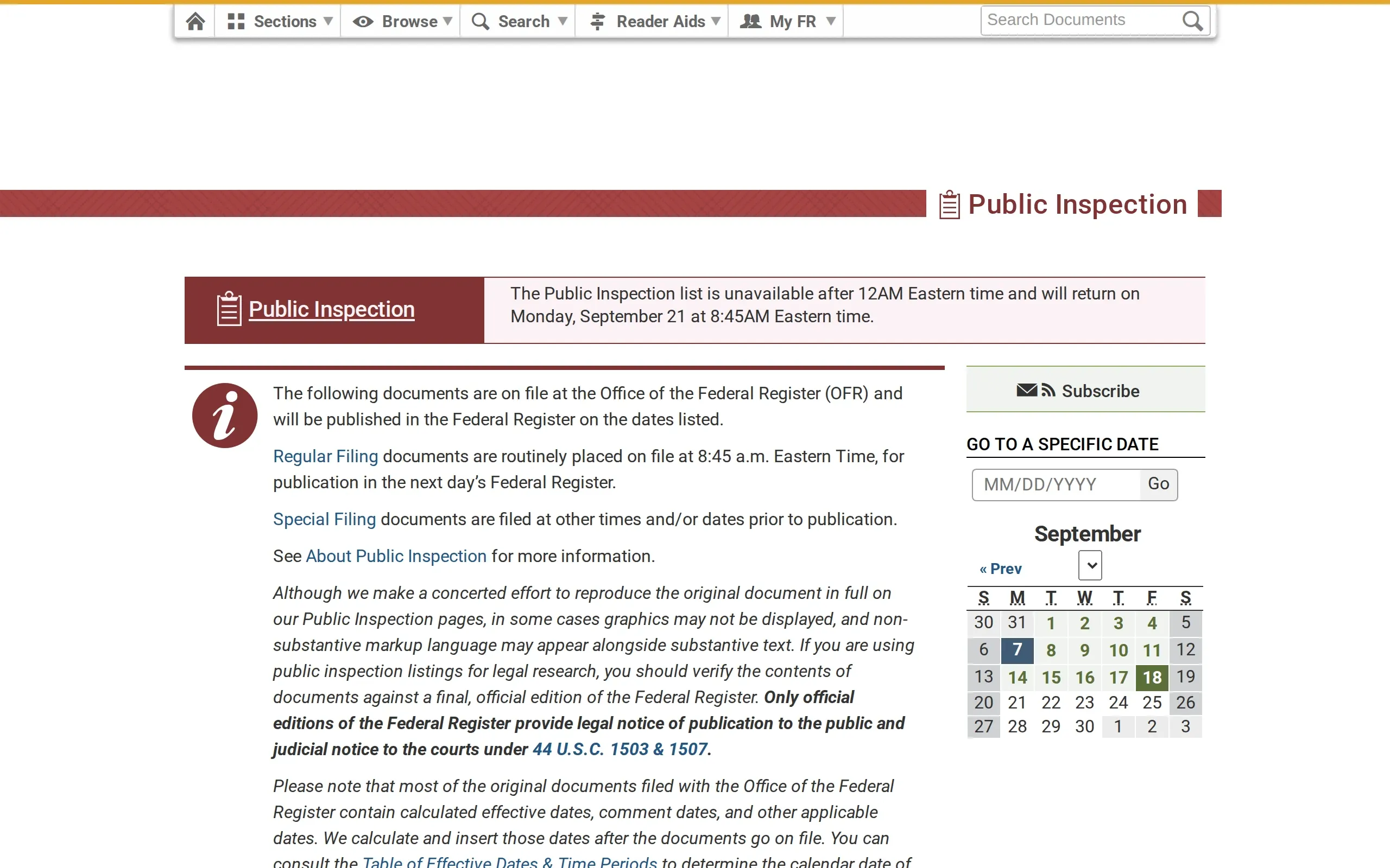 Office of the Federal Register: Public Inspection, captured September 2026