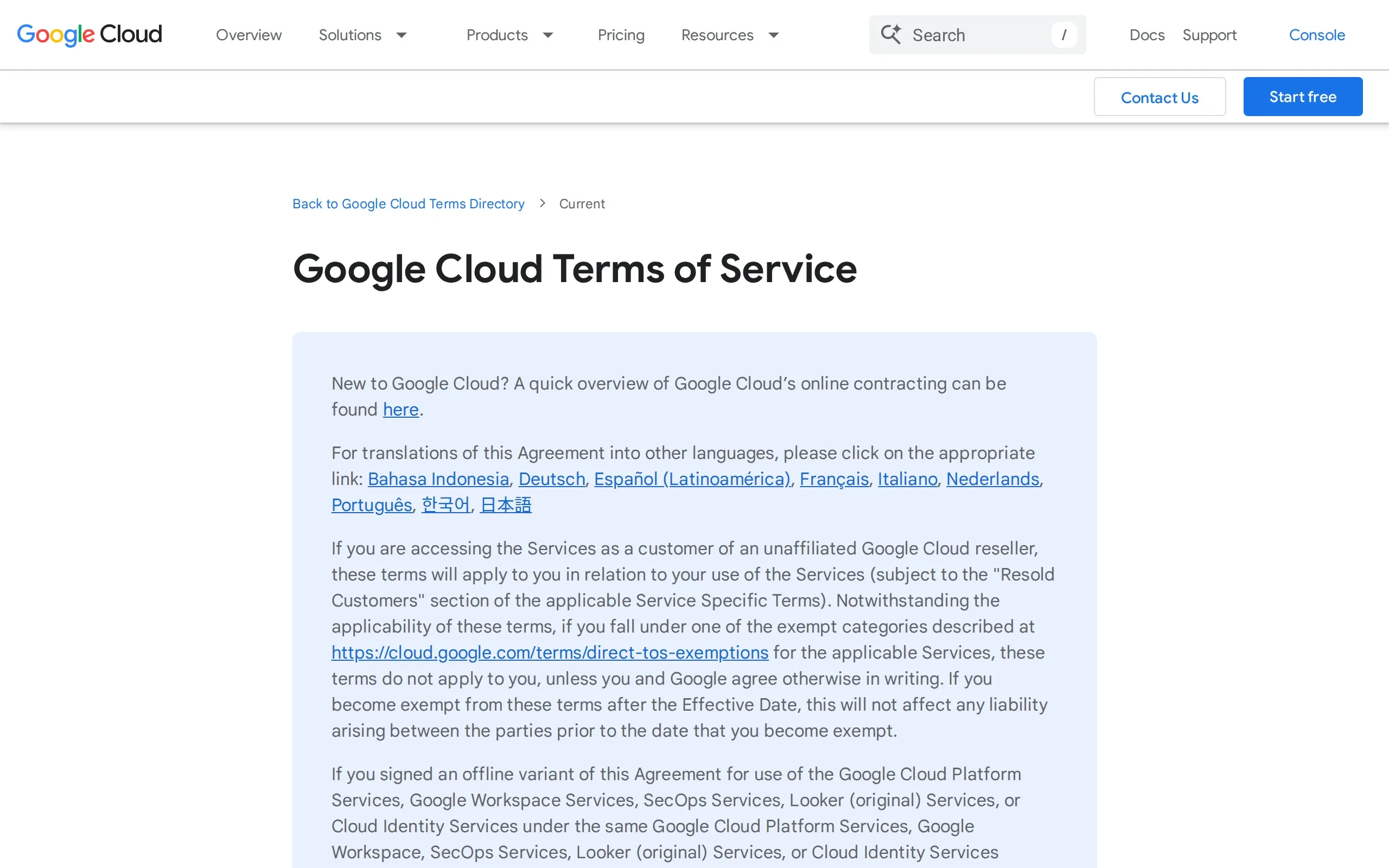 Google Cloud: Google Cloud Platform Terms of Service, captured September 2026