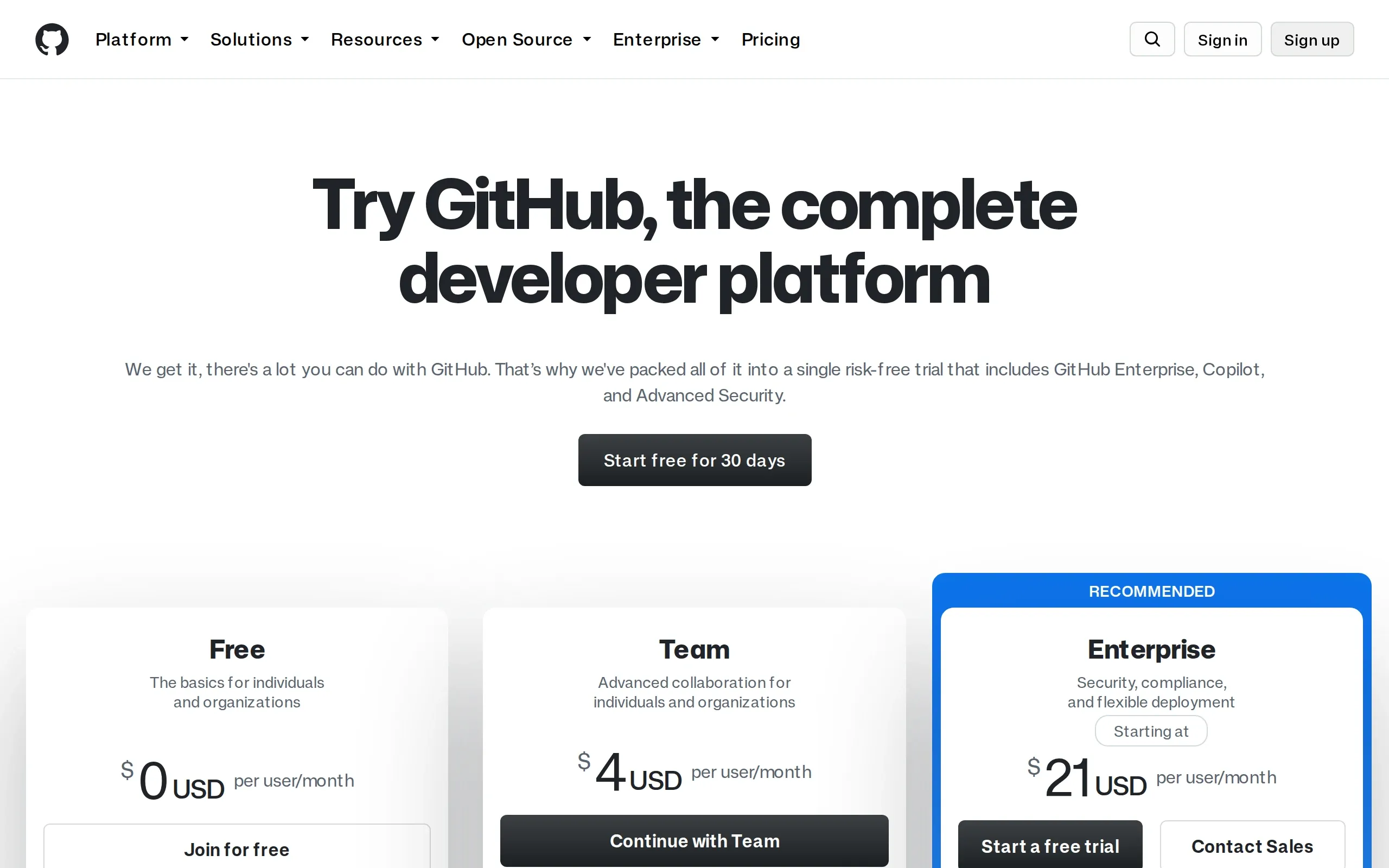 GitHub: Pricing · Plans for every developer, captured September 2026