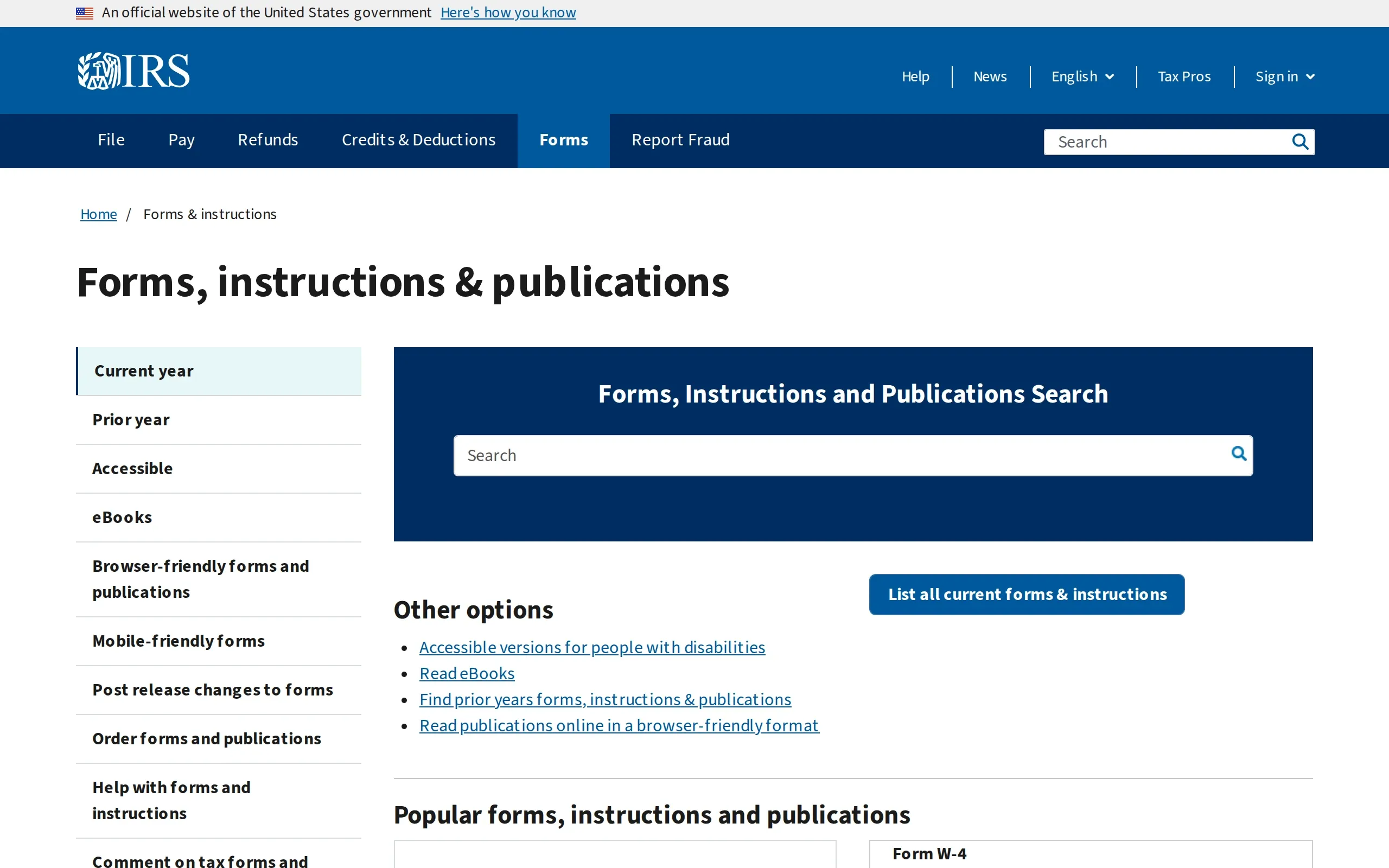 Internal Revenue Service: Forms & Instructions, captured September 2026