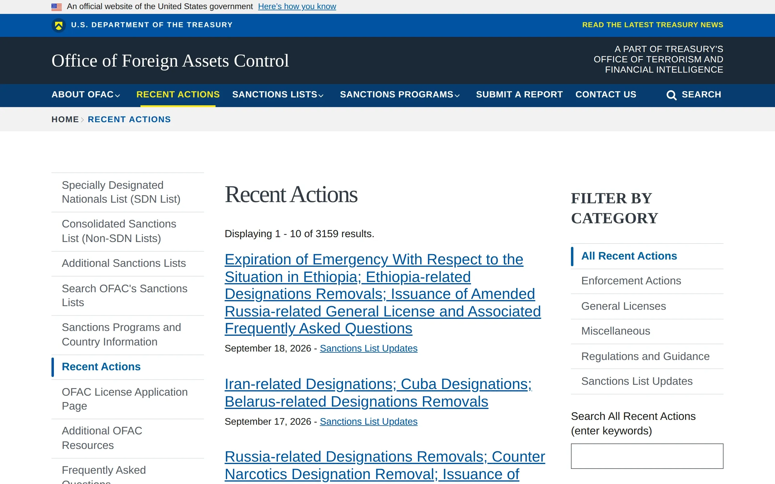 Office of Foreign Assets Control: Recent Actions, captured September 2026