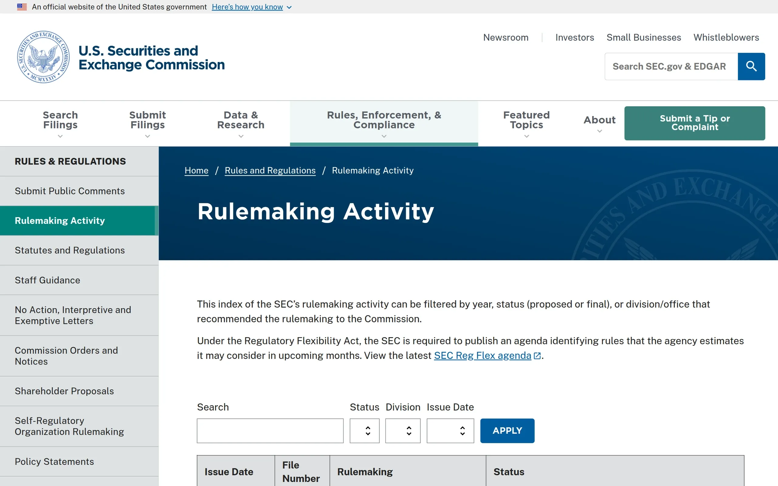 U.S. Securities and Exchange Commission: Rulemaking Activity, captured September 2026
