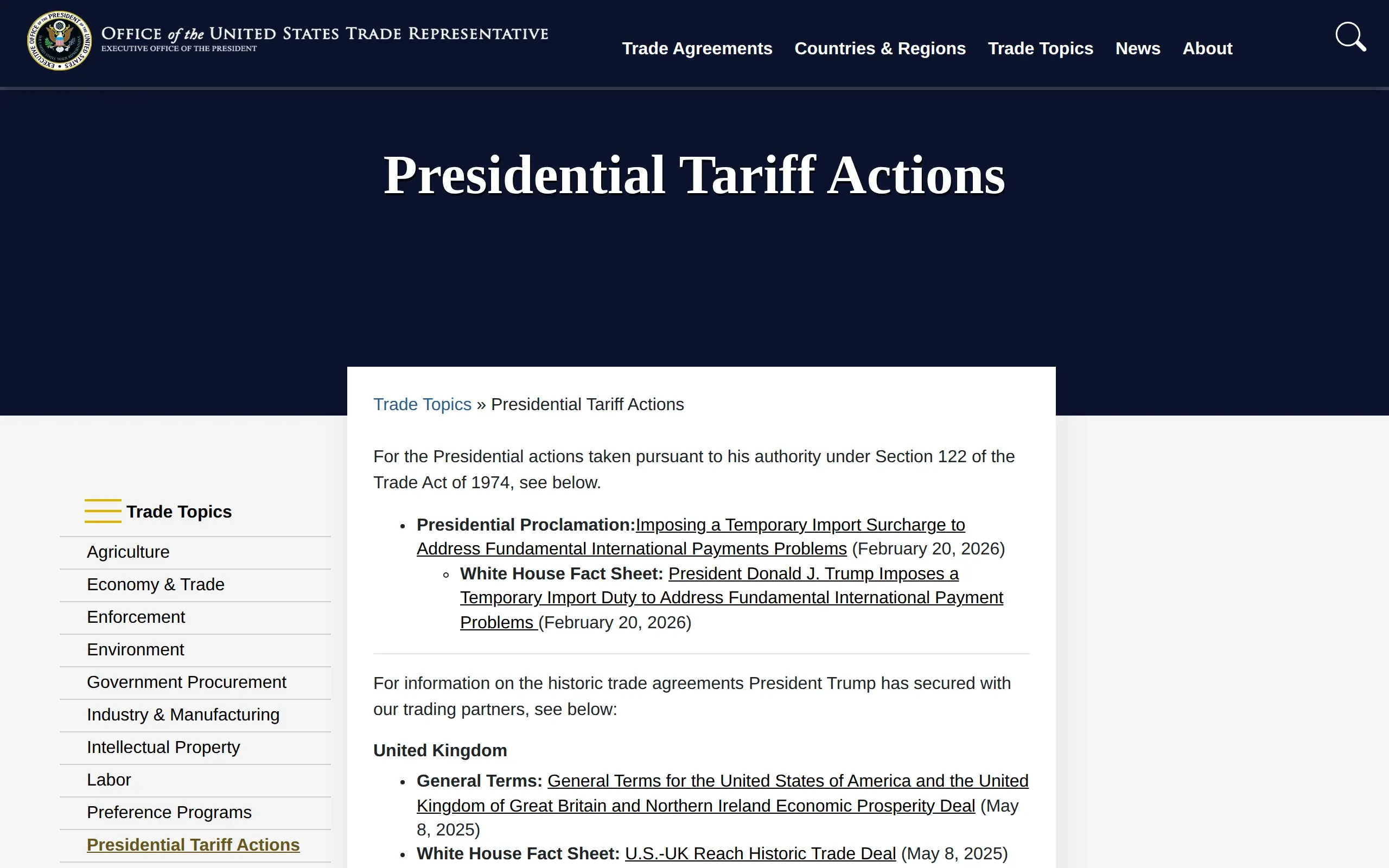 Office of the United States Trade Representative: Presidential Tariff Actions, captured October 2026